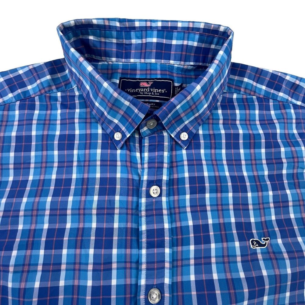 Vineyard Vines Performance Shirt Men XXL Blue Plaid Whale Lightweight Stretch